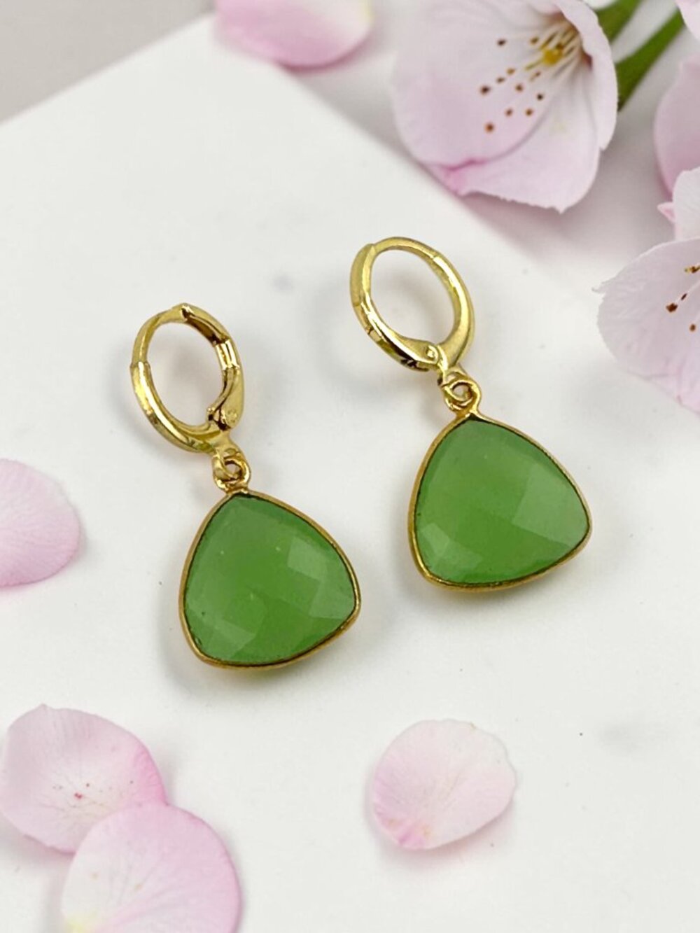 Green Chalcedony Earrings Gold Filled Leverbacks Faceted Trillion Drop